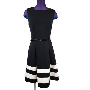 Calvin Klein Fit & Flare Black and White Dress with‎ Belt Size 6 Women's